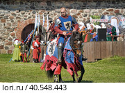 A knight with a spear on a horse at the Russian Fortress festival of historical reconstruction (2014 год). Редакционное фото, фотограф Анна Кривицкая / Фотобанк Лори