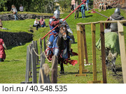 A knight with a spear on a horse at the Russian Fortress festival of historical reconstruction (2014 год). Редакционное фото, фотограф Анна Кривицкая / Фотобанк Лори