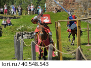 A knight with a spear on a horse at the Russian Fortress festival of historical reconstruction (2014 год). Редакционное фото, фотограф Анна Кривицкая / Фотобанк Лори
