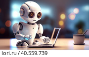 A white, cute robot who smiles sits at a table with a laptop in his hands. The concept of future technology in the modern world is among us. AI generated. Стоковое AI-изображение, AI-художник ALLA YURTAYEVA / Фотобанк Лори