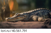 False Gharial have sunbathing near its pond Illustration AI Generative. Стоковое AI-изображение, AI-художник Юлия Гапеенко / Фотобанк Лори