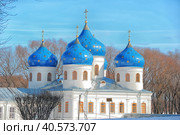 Dome St. George's monastery in Veliky Novgorod, orthodox Christian Church. The Orthodox religion of Russia. Monastery's oldest Church buildings in Russia in 1030 year. White Church with blue domes. (2012 год). Редакционное фото, фотограф Анна Кривицкая / Фотобанк Лори