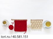A enjoyable leisure of two friends with knitting and tea drinking. Two cups of green tea and two knitted scarves in red and beige on needles on white background. DIY concept. Copy space, flat lay. Стоковое фото, фотограф Виктория Катьянова / Фотобанк Лори