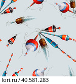 Watercolor pattern of various fishing wobblers, red, white, blue and black with fishing line on blue background. Стоковая иллюстрация, иллюстратор Alena Belenova / Фотобанк Лори