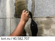 Ремонтные работы, грунтовка поверхности, шпатлевка. Man's hand is brushing along the wall. Rough wall finishing. Стоковое фото, фотограф Iva Noel / Фотобанк Лори
