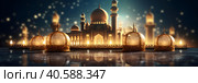 Postcard for the holiday Eid al ad ha. Mosques and minarets, lanterns on a dark background. With Generative AI technology. Стоковое AI-изображение, AI-художник Мария Фадеева / Фотобанк Лори
