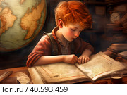 Мальчик за чтением книги. Стоковое AI-изображение, AI-художник Щеголева Ольга / Фотобанк Лори