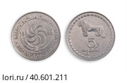 Georgian coin of 5 tetri (Obverse and reverse). Georgian inscription means "Georgian Republic. 5 tetri" in English. Design element with clipping path. Стоковое фото, фотограф Елена  Попкова / Фотобанк Лори
