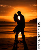 Silhouettes of a guy and a girl kissing embracing on the shore of a pond. Created by AI. Стоковое AI-изображение, AI-художник Ярославский Максим / Фотобанк Лори