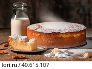 Sponge cake with powdered sugar and a bottle of milk. Generative AI. Стоковое AI-изображение, AI-художник Юрий Поздников / Фотобанк Лори