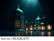 Postcard for the holiday Eid al adha. Mosques and minarets, lanterns on a dark background. With Generative AI technology. Стоковое AI-изображение, AI-художник Мария Фадеева / Фотобанк Лори