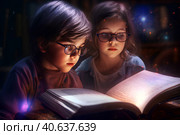 Брат с сестрой читают вместе. Стоковое AI-изображение, AI-художник Щеголева Ольга / Фотобанк Лори