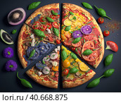 Delicious, homemade thick crust vegan pizza with tofu cheese, nooch, mushrooms, vegan sausages, capsicum, lettuce, pineapple, tomatoes and onions. Generative AI. Стоковое AI-изображение, AI-художник Sergey Grishin / Фотобанк Лори