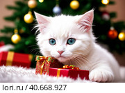 White kitten with New Year's gifts close-up on the background of a decorated Christmas tree. Generative AI. Стоковое AI-изображение, AI-художник Mixail59 / Фотобанк Лори