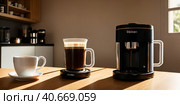 coffee machine with cup of fresh espresso coffee on wooden kitchen counter sunny morning, cup and cappuccino automat in focus and blurred background. Modern kitchen concept. Generative AI. Стоковое AI-изображение, AI-художник Sergey Grishin / Фотобанк Лори