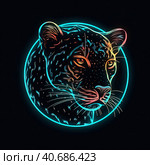 Portrait of a leopard in neon style on a dark background. Стоковое AI-изображение, AI-художник Ярославский Максим / Фотобанк Лори