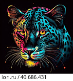 Portrait of a leopard in neon style on a dark background. Стоковое AI-изображение, AI-художник Ярославский Максим / Фотобанк Лори
