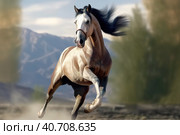 A thoroughbred horse gallops over the mountains in a jump. Generative AI. Стоковое AI-изображение, AI-художник Юрий Поздников / Фотобанк Лори