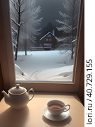 Morning fragrant coffee on the background of a frosty winter morning and a winter landscape outside the window. Стоковое AI-изображение, AI-художник Сергей Елизарьев / Фотобанк Лори