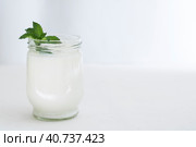 Organic probiotic milk kefir drink or yogurt in glass containers,on the white grey background. Gut health. Probiotic cold fermented dairy drink. Trendy food and drink. Copy space. Стоковое фото, фотограф Tatiana Syrtseva / Фотобанк Лори