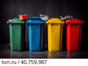 Multi-colored garbage containers on the city street, recycling and separate waste collection concept, AI Generated. Стоковое AI-изображение, AI-художник Станислав Тарко / Фотобанк Лори