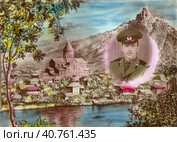 Портрет солдата Вооруженных сил Советской Армии. Монастырь Самтавро Мцхета, Грузия. Ретушированная старая фотография 1975 года. Редакционная иллюстрация, иллюстратор александр афанасьев / Фотобанк Лори