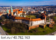 Aerial view of Wawel Hill with Castle complex, Krakow, Poland. Стоковое фото, фотограф Яков Филимонов / Фотобанк Лори