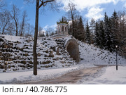 View of the arch "Big Caprice" over the Podkaprizovaya road in the Alexander Park of Tsarskoye Selo on a sunny winter day, Pushkin, St. Petersburg, Russia. Стоковое фото, фотограф Ula Ulachka / Фотобанк Лори