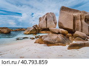 Unique granite rocks at remote Anse Marron beach in La Digue island, Seychelles islands (2019 год). Стоковое фото, фотограф Igor Tichonow / Фотобанк Лори