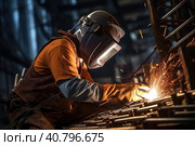 A man-welder fastens iron girders with a welding machine. Construction of the station. Generative AI. Стоковое AI-изображение, AI-художник Юрий Поздников / Фотобанк Лори