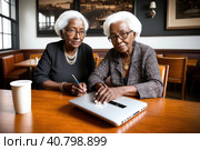 Mature afroamerican women at coffee shop. Portrait of confident mature professional woman sitting in cafe, using laptop computer for work, smiling happily indoors. Generative AI. Стоковое AI-изображение, AI-художник Sergey Grishin / Фотобанк Лори