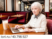Mature caucasian women at coffee shop. Portrait of confident mature professional woman sitting in cafe, using laptop computer for work, smiling happily indoors. Generative AI. Стоковое AI-изображение, AI-художник Sergey Grishin / Фотобанк Лори