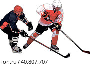 Color vector image of two hawkers from different teams fighting for the puck. Стоковая иллюстрация, иллюстратор Сергей Сергеев / Фотобанк Лори