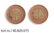 Czech 50 koruns coin. Czech inscription "Czech Republic. 50 korun. Saint Wenceslas, don't let us and our future perish" in English. Design element with clipping path. Стоковое фото, фотограф Елена  Попкова / Фотобанк Лори