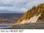 Красивый осенний пейзаж. Вид на берег моря во время отлива. Лес на побережье. Вдалеке приморский поселок. Люди идут вдоль берега. Низкие облака над горами. Осенний сезон. Стоковое фото, фотограф Андрей Степанов / Фотобанк Лори