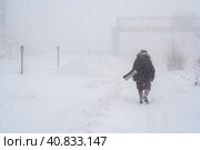 A man with a shovel is walking along a snowy sidewalk during a snowfall. The janitor goes to clean the street from the snow after a snowstorm. Cold winter weather. Anadyr, Chukotka, Far East Russia. Стоковое фото, фотограф Андрей Степанов / Фотобанк Лори
