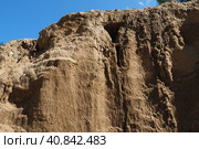 Sandstone is a fragmentary sedimentary rock, a homogeneous or layered aggregate of fragmentary grains and grains of sand bound by any mineral substance, cement. Quarry natural yellow sand wall. Стоковое фото, фотограф Юлия Петровская / Фотобанк Лори
