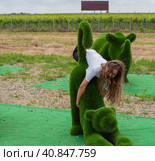Beautiful girl frolics. A teenage girl was playing, hanging on to a cat figure, with a rhinoceros figure behind her. In the background blurred vineyard, banner, sky. Стоковое фото, фотограф Александр Кротков / Фотобанк Лори