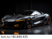 Futuristic concept car in garage on dark background, expensive exclusive sports auto, AI Generated. Стоковое AI-изображение, AI-художник Станислав Тарко / Фотобанк Лори