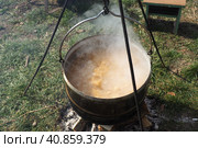 Cooking a traditional Serbian Balkan dish sauerkraut with smoked pork ribs and meat. Large cast iron vat cauldron. Delicious food gurgles and cooks on coals. Vegetables with meat are cooked on a fire. Стоковое фото, фотограф Юлия Петровская / Фотобанк Лори