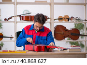 Young man repairing musical instruments at workshop. Стоковое фото, фотограф Elnur / Фотобанк Лори
