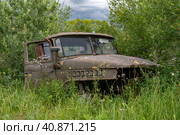 TESOVO-NETYLSKY, RUSSIA - JULY 15, 2023: Cabin of a old dismantled Soviet/Russian truck of the Ural-4320 in the bush on a July cloudy day. Редакционное фото, фотограф Виктор Карасев / Фотобанк Лори