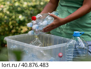 Container of plastic bottles. Garbage collection around the world. Clean the planet of plastic garbage. Ecology. A woman sorts garbage. Стоковое фото, фотограф Photojuli / Фотобанк Лори