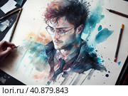 Harry Potter portraitwatercolor painting , Generative AI. Стоковое AI-изображение, AI-художник Анна Кривицкая / Фотобанк Лори
