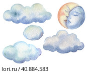 Hand drawn illustration of clouds with moon on white background. Стоковая иллюстрация, иллюстратор Ольга Морозова / Фотобанк Лори