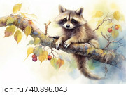 Cute raccoon on a branch on a white background, watercolor painting , Generative AI. Стоковое AI-изображение, AI-художник Анна Кривицкая / Фотобанк Лори