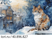 Cat on the background at the city at night, winter and snow-covered gabled roofs, smoke from chimneys in the rococo style,, watercolor painting , Generative AI. Стоковое AI-изображение, AI-художник Анна Кривицкая / Фотобанк Лори