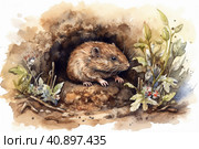 Field mouse in a hole in the ground, watercolor painting , Generative AI. Стоковое AI-изображение, AI-художник Анна Кривицкая / Фотобанк Лори