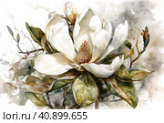 Blooming white magnolia isolated on white background, watercolor painting , Generative AI. Стоковое AI-изображение, AI-художник Анна Кривицкая / Фотобанк Лори