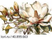Blooming white magnolia isolated on white background, watercolor painting , Generative AI. Стоковое AI-изображение, AI-художник Анна Кривицкая / Фотобанк Лори